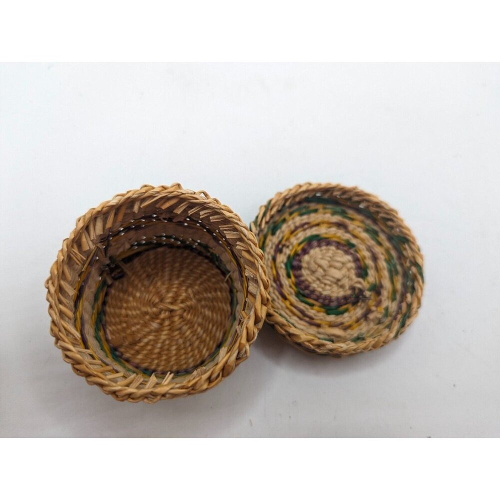 Hand Woven Basket w Lid - Wicker Ethnic Grass Straw Boho Tiny - Green Yellow - Picture 10 of 12